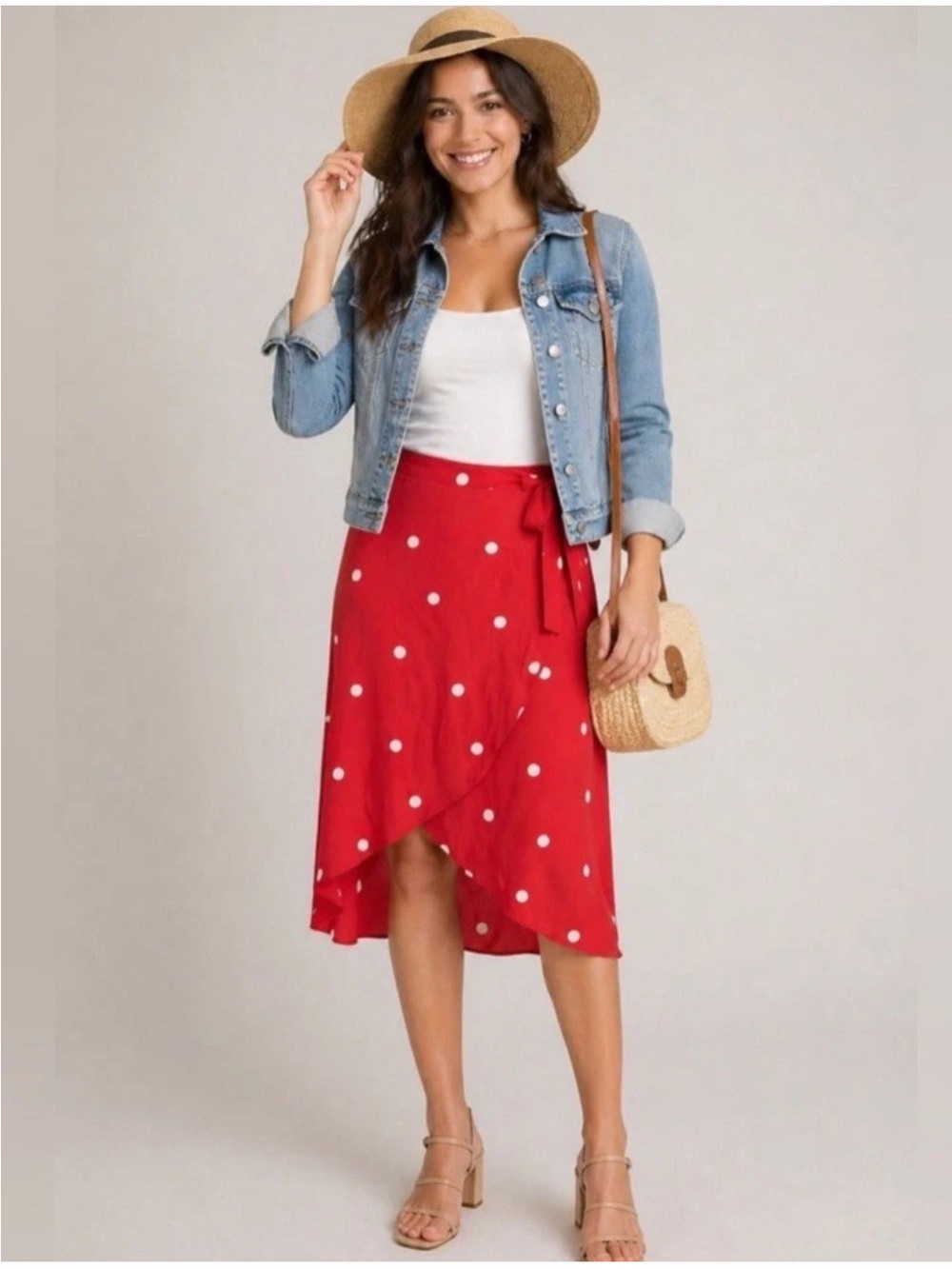Ann Taylor Loft Red White Polka Dot Asymmetrical Wrap Midi Skirt 0P NEW